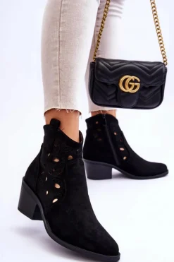 Botki Wiosenne|Botki Na Słupku>Damskie buty S.Barski Damskie Zamszowe Ażurowe Botki Kowbojki Czarne S.Barski HY42-086