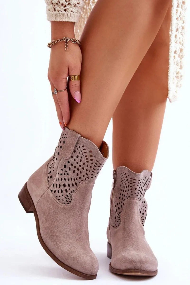 New Damskie Zamszowe Ażurowe Botki Lewski Shoes 3301 Cappuccino Damskie Botki Wiosenne|Botki Ażurowe