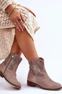 New Damskie Zamszowe Ażurowe Botki Lewski Shoes 3301 Cappuccino Damskie Botki Wiosenne|Botki Ażurowe