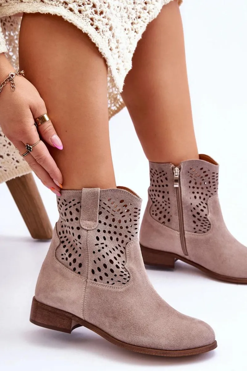 New Damskie Zamszowe Ażurowe Botki Lewski Shoes 3301 Cappuccino Damskie Botki Wiosenne|Botki Ażurowe