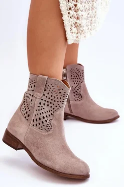 New Damskie Zamszowe Ażurowe Botki Lewski Shoes 3301 Cappuccino Damskie Botki Wiosenne|Botki Ażurowe