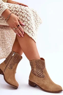 Boto Damskie Zamszowe Ażurowe Botki Lewski Shoes 3301 Beżowe