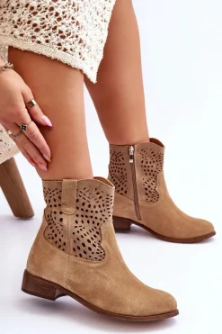Boto Damskie Zamszowe Ażurowe Botki Lewski Shoes 3301 Beżowe