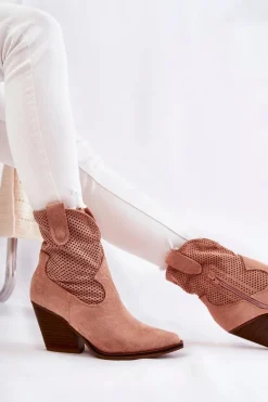 Boto Damskie Zamszowe Ażurowe Botki Kowbojki Różowe Eleonore