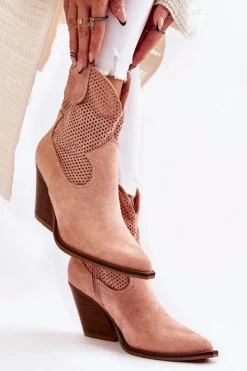 Boto Damskie Zamszowe Ażurowe Botki Kowbojki Różowe Eleonore