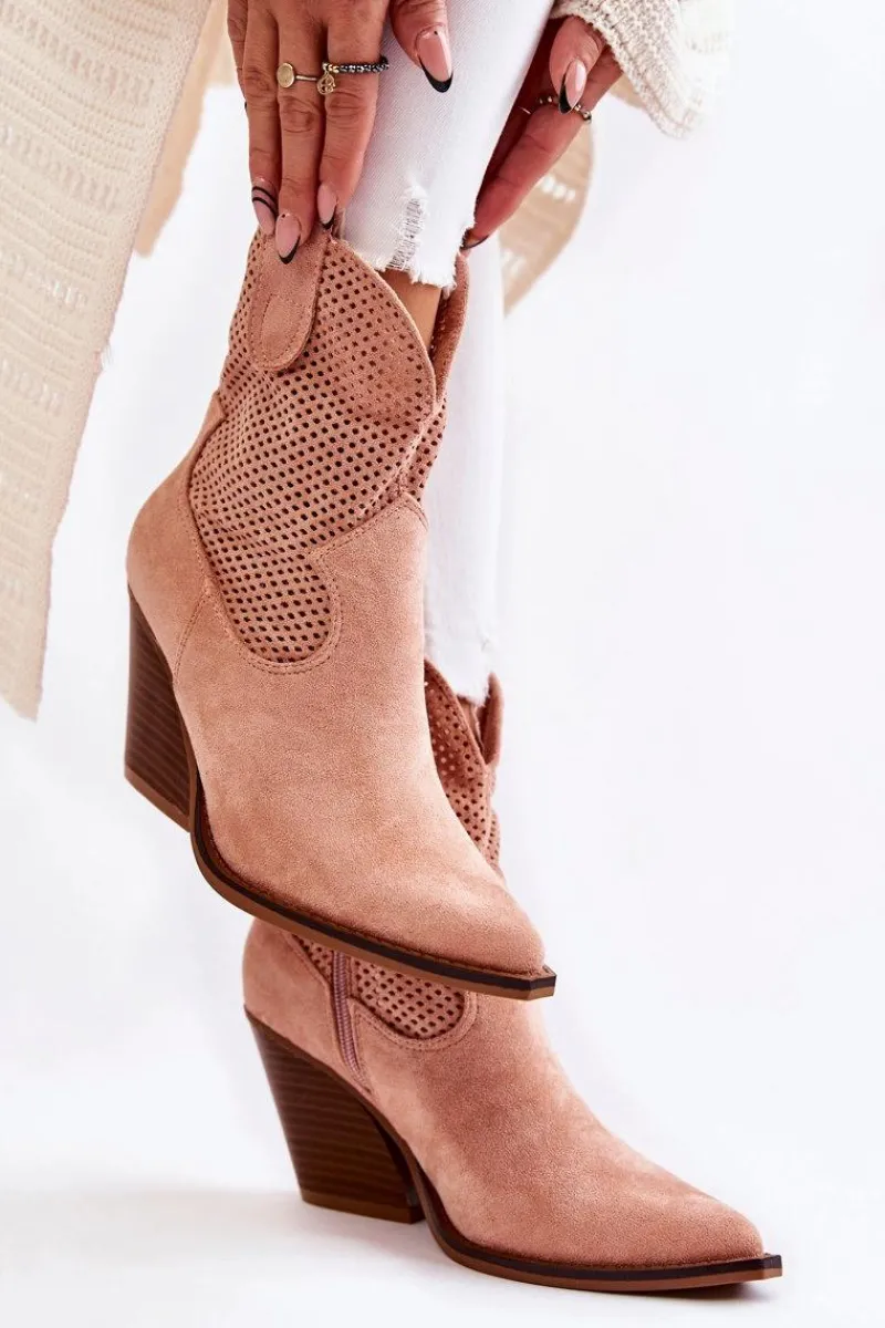 Boto Damskie Zamszowe Ażurowe Botki Kowbojki Różowe Eleonore