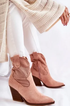 Boto Damskie Zamszowe Ażurowe Botki Kowbojki Różowe Eleonore