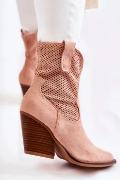 Boto Damskie Zamszowe Ażurowe Botki Kowbojki Różowe Eleonore