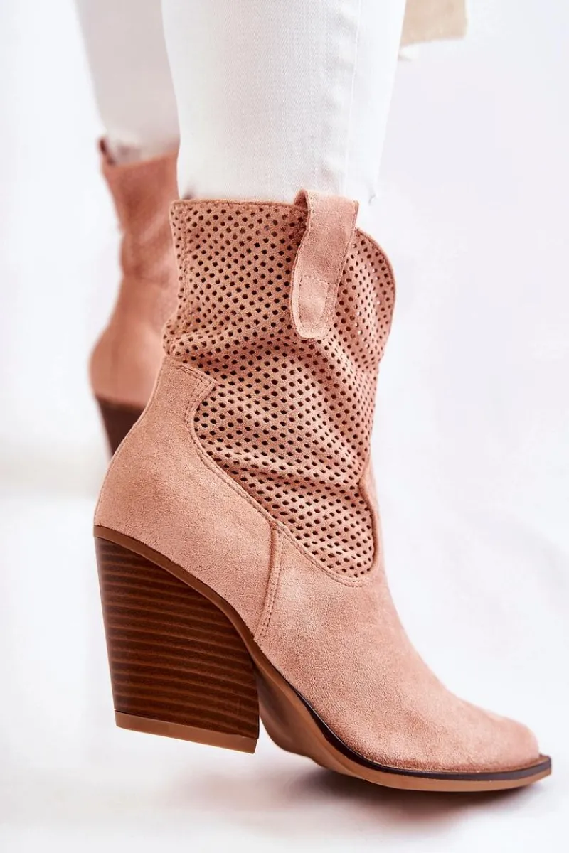 Boto Damskie Zamszowe Ażurowe Botki Kowbojki Różowe Eleonore