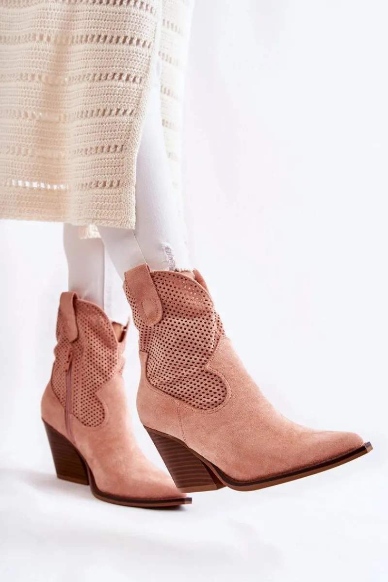 Boto Damskie Zamszowe Ażurowe Botki Kowbojki Różowe Eleonore