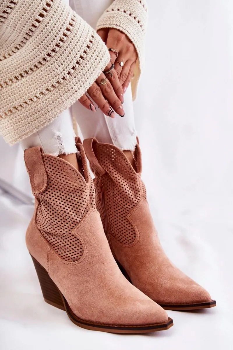 Boto Damskie Zamszowe Ażurowe Botki Kowbojki Różowe Eleonore