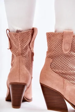 Boto Damskie Zamszowe Ażurowe Botki Kowbojki Różowe Eleonore