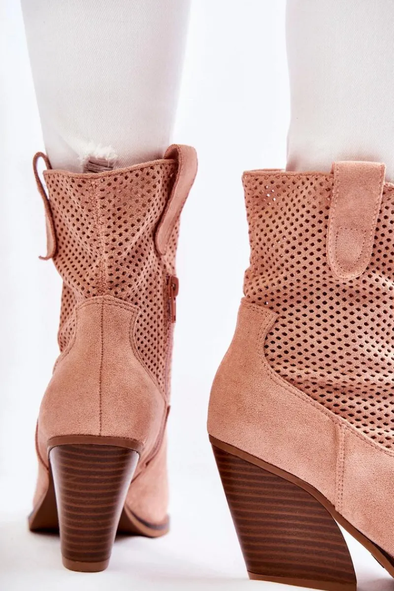 Boto Damskie Zamszowe Ażurowe Botki Kowbojki Różowe Eleonore