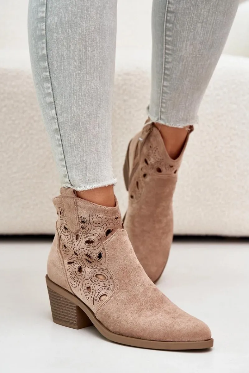 Botki Na Słupku|Botki Na Obcasie>Damskie buty S.Barski Damskie Zamszowe Ażurowe Botki Kowbojki Beżowe S.Barski HY42-086