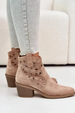Botki Na Słupku|Botki Na Obcasie>Damskie buty S.Barski Damskie Zamszowe Ażurowe Botki Kowbojki Beżowe S.Barski HY42-086