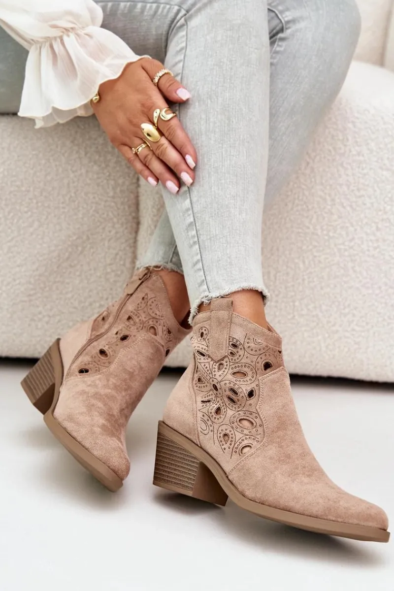 Botki Na Słupku|Botki Na Obcasie>Damskie buty S.Barski Damskie Zamszowe Ażurowe Botki Kowbojki Beżowe S.Barski HY42-086