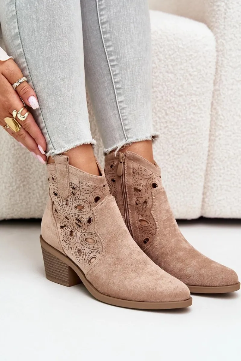 Botki Na Słupku|Botki Na Obcasie>Damskie buty S.Barski Damskie Zamszowe Ażurowe Botki Kowbojki Beżowe S.Barski HY42-086