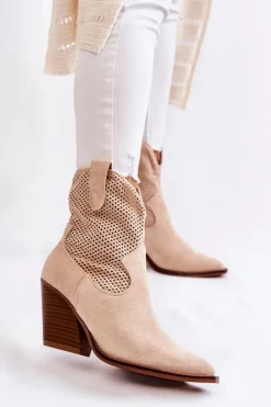 Discount Damskie Zamszowe Ażurowe Botki Kowbojki Beżowe Eleonore Damskie Botki Wiosenne|Botki Na Słupku