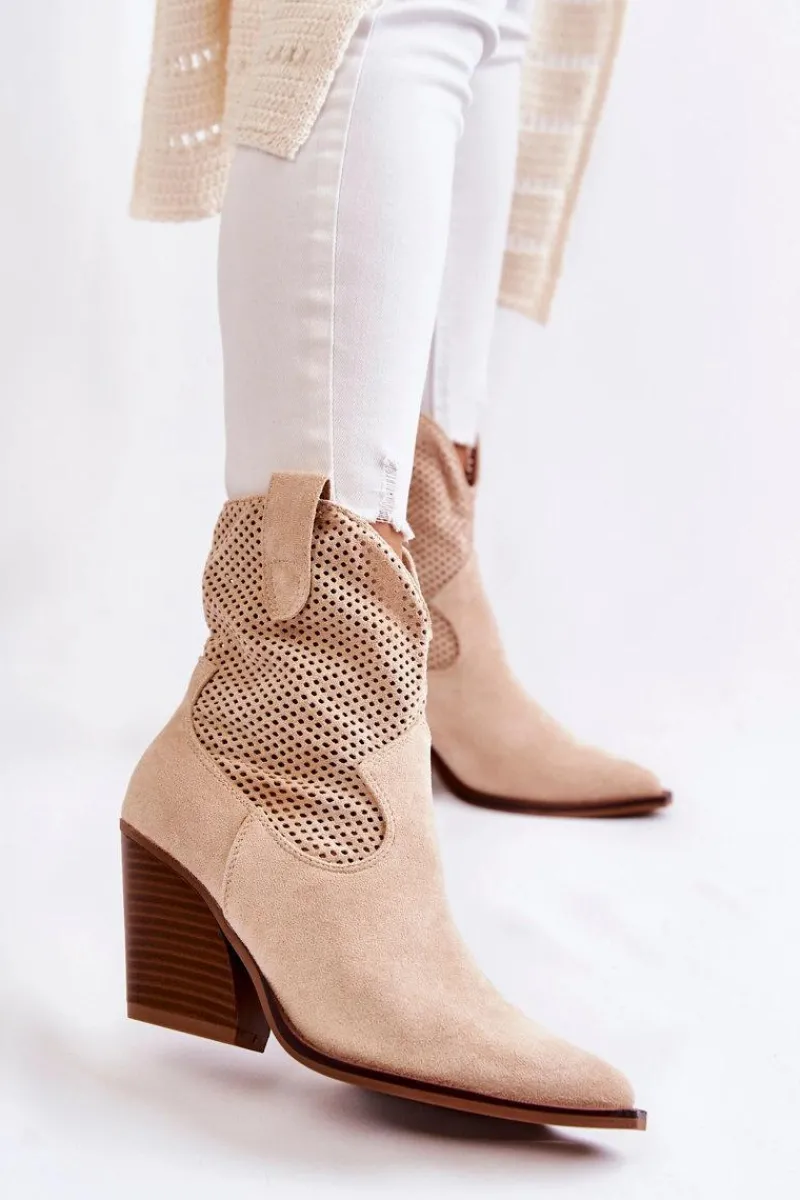 Discount Damskie Zamszowe Ażurowe Botki Kowbojki Beżowe Eleonore Damskie Botki Wiosenne|Botki Na Słupku