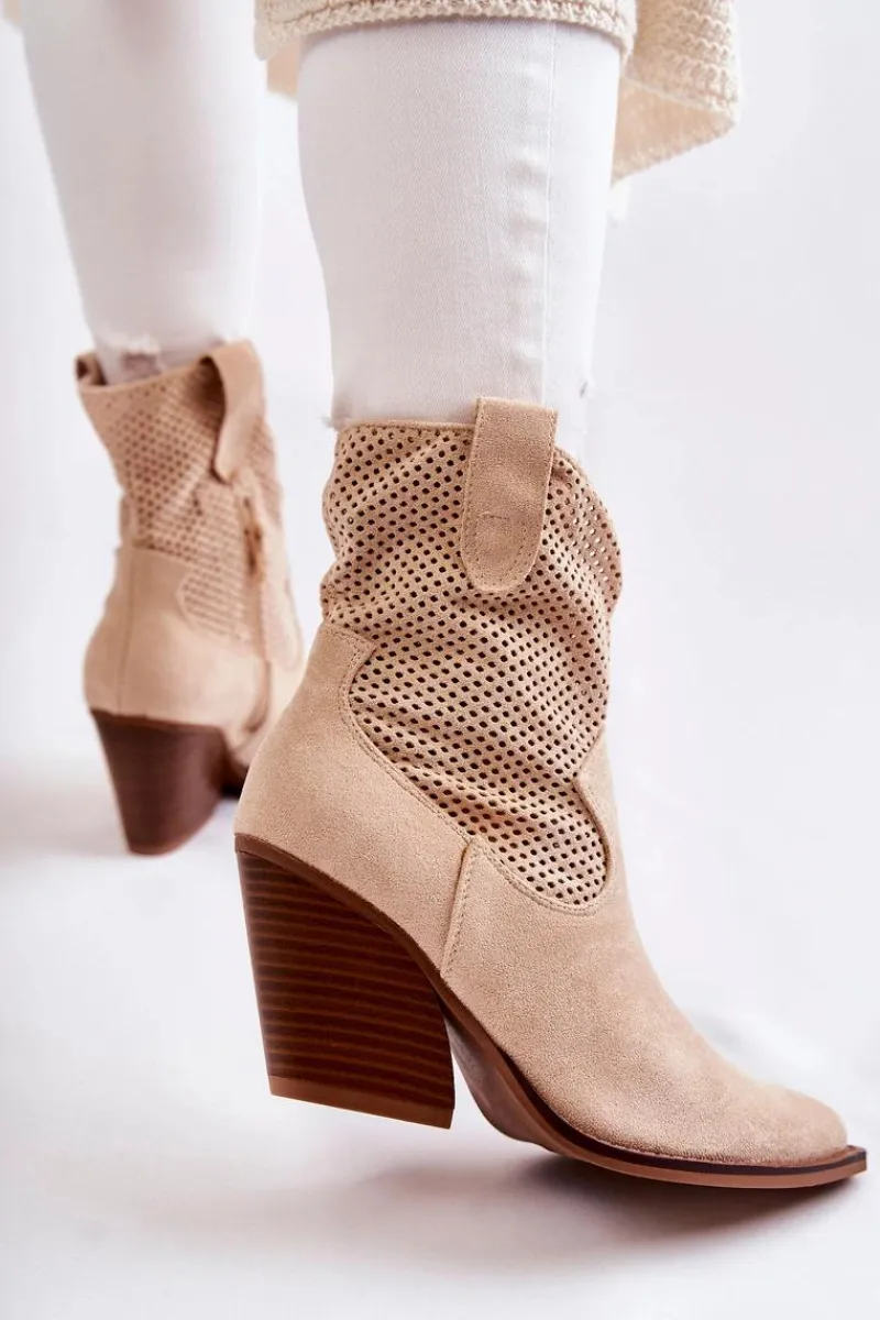 Discount Damskie Zamszowe Ażurowe Botki Kowbojki Beżowe Eleonore Damskie Botki Wiosenne|Botki Na Słupku