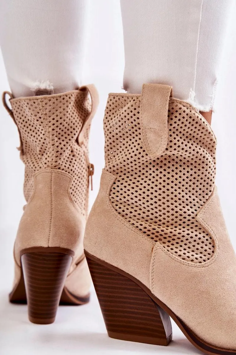 Discount Damskie Zamszowe Ażurowe Botki Kowbojki Beżowe Eleonore Damskie Botki Wiosenne|Botki Na Słupku