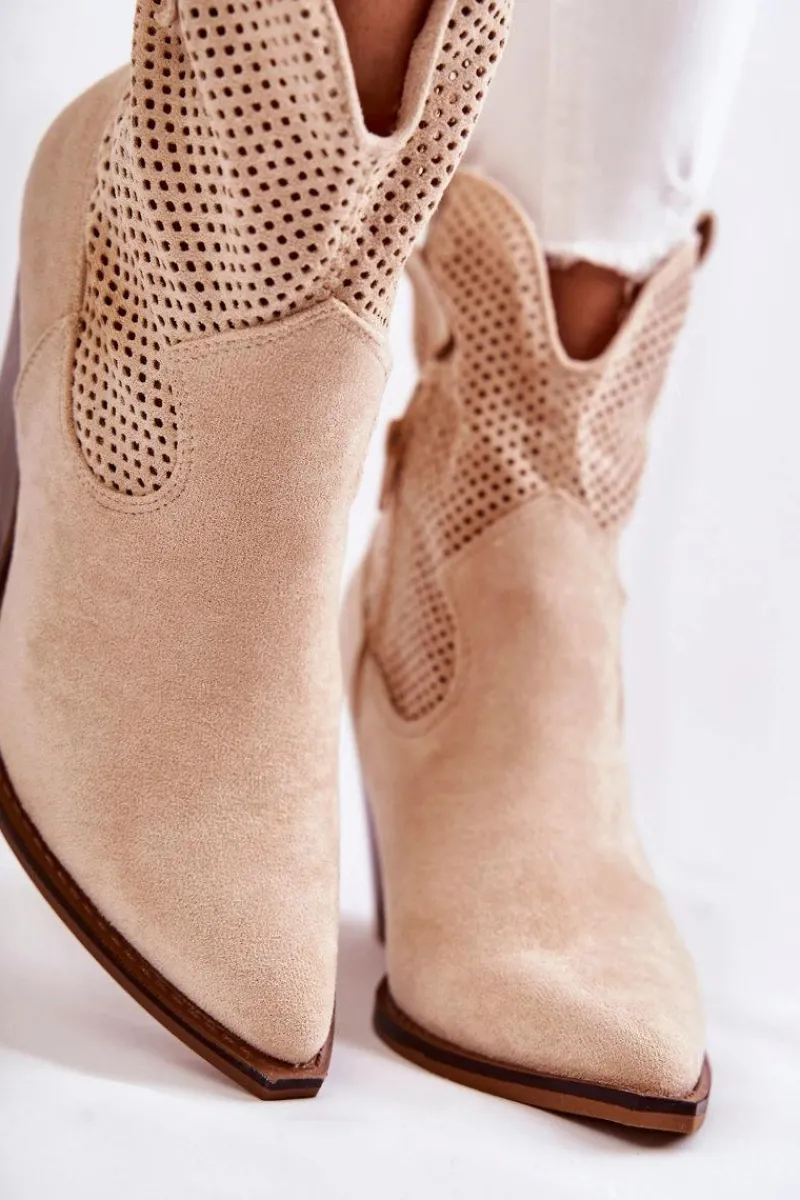 Discount Damskie Zamszowe Ażurowe Botki Kowbojki Beżowe Eleonore Damskie Botki Wiosenne|Botki Na Słupku