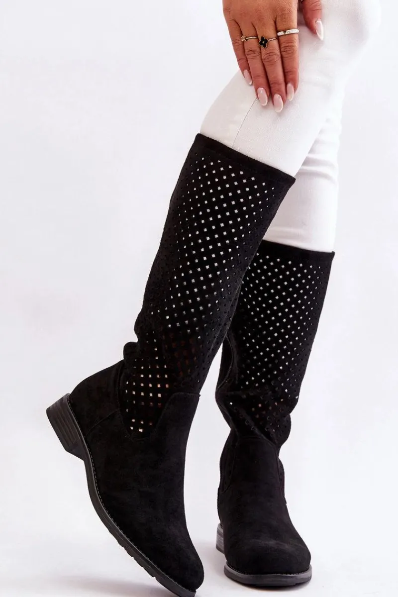Kozaki Wiosenne|Kozaki Ażurowe>Damskie buty S.Barski Damskie Zamszowe Ażurowe Kozaki Przed Kolano Czarne Savannah