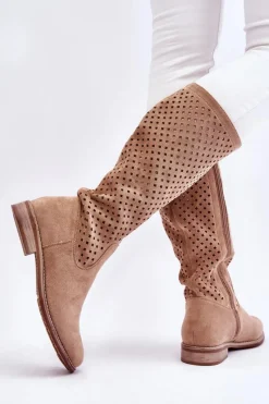 Best Damskie buty S.Barski Damskie Zamszowe Ażurowe Kozaki Przed Kolano Beżowe Savannah