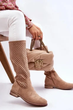 Best Damskie buty S.Barski Damskie Zamszowe Ażurowe Kozaki Przed Kolano Beżowe Savannah