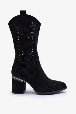 Clearance Damskie buty S.Barski Damskie Zamszowe Ażurowe Kozaki Czarne Adelia