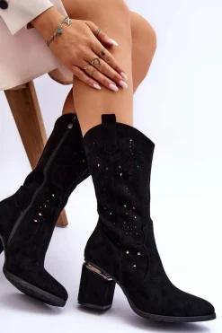 Clearance Damskie buty S.Barski Damskie Zamszowe Ażurowe Kozaki Czarne Adelia