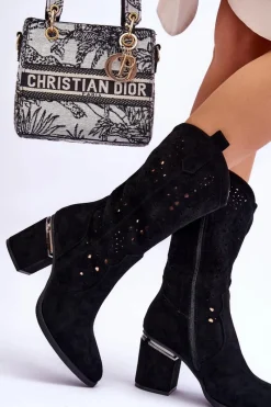 Clearance Damskie buty S.Barski Damskie Zamszowe Ażurowe Kozaki Czarne Adelia