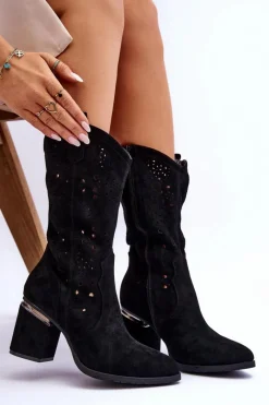 Clearance Damskie buty S.Barski Damskie Zamszowe Ażurowe Kozaki Czarne Adelia