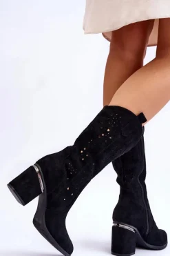 Clearance Damskie buty S.Barski Damskie Zamszowe Ażurowe Kozaki Czarne Adelia