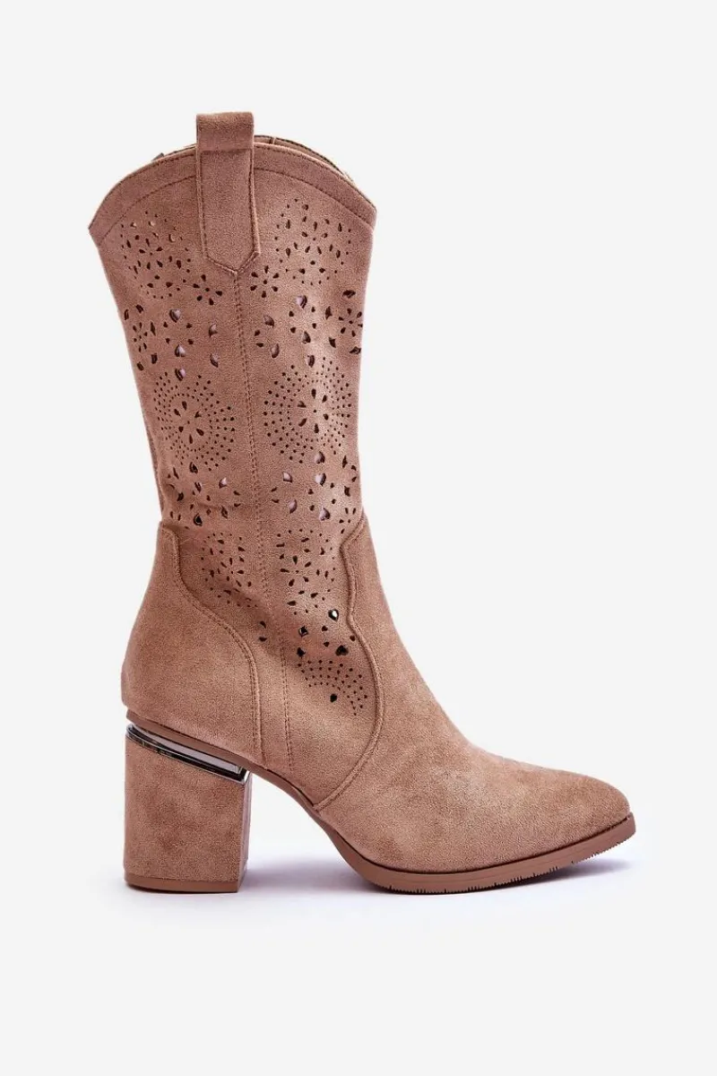 Outlet Damskie Zamszowe Ażurowe Kozaki Beżowe Adelia Damskie Kozaki Wiosenne|Kozaki Ażurowe