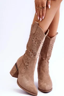 Outlet Damskie Zamszowe Ażurowe Kozaki Beżowe Adelia Damskie Kozaki Wiosenne|Kozaki Ażurowe