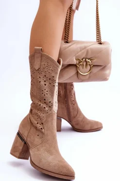 Outlet Damskie Zamszowe Ażurowe Kozaki Beżowe Adelia Damskie Kozaki Wiosenne|Kozaki Ażurowe