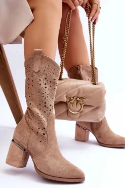 Outlet Damskie Zamszowe Ażurowe Kozaki Beżowe Adelia Damskie Kozaki Wiosenne|Kozaki Ażurowe