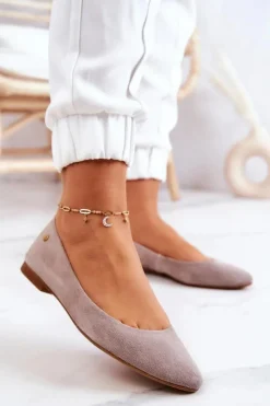 New Damskie Zamszowe Baleriny 04100-42 Beżowe Damskie Baleriny Skórzane|Baleriny Klasyczne