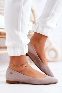 New Damskie Zamszowe Baleriny 04100-42 Beżowe Damskie Baleriny Skórzane|Baleriny Klasyczne