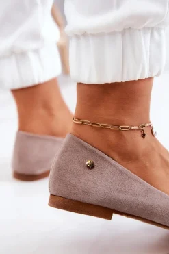 New Damskie Zamszowe Baleriny 04100-42 Beżowe Damskie Baleriny Skórzane|Baleriny Klasyczne