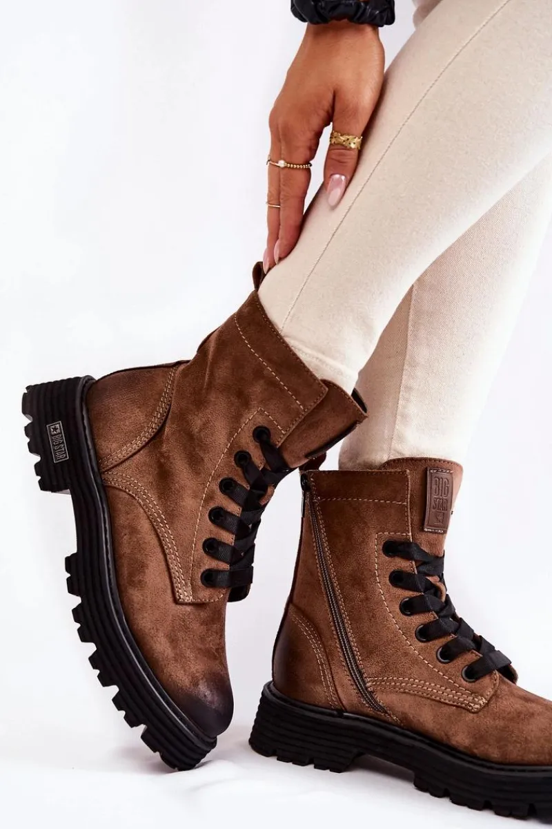 Outlet Damskie Zamszowe Botki Big Star KK274504 Brązowe Damskie Damskie Trapery|Botki Sznurowane