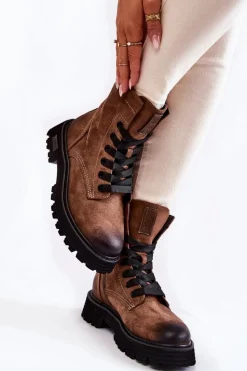 Outlet Damskie Zamszowe Botki Big Star KK274504 Brązowe Damskie Damskie Trapery|Botki Sznurowane