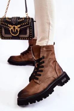 Outlet Damskie Zamszowe Botki Big Star KK274504 Brązowe Damskie Damskie Trapery|Botki Sznurowane