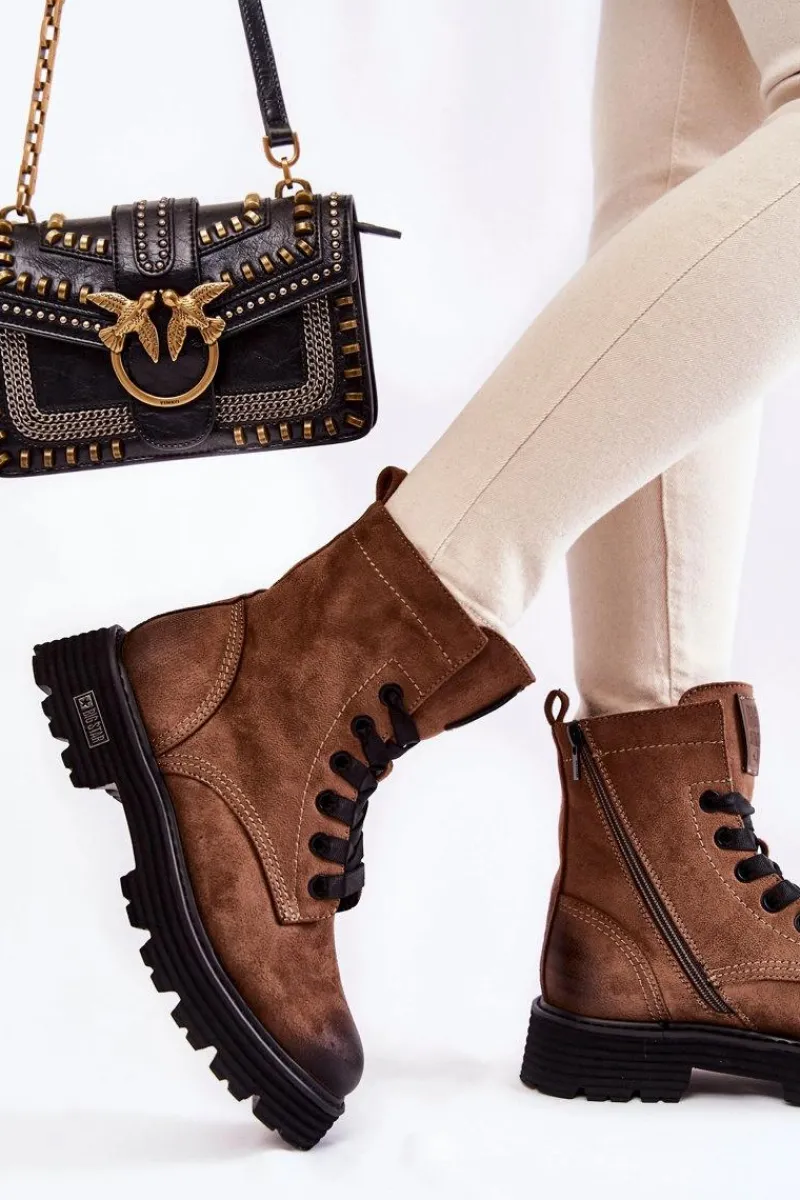 Outlet Damskie Zamszowe Botki Big Star KK274504 Brązowe Damskie Damskie Trapery|Botki Sznurowane