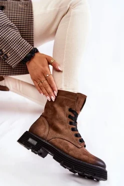 Outlet Damskie Zamszowe Botki Big Star KK274504 Brązowe Damskie Damskie Trapery|Botki Sznurowane