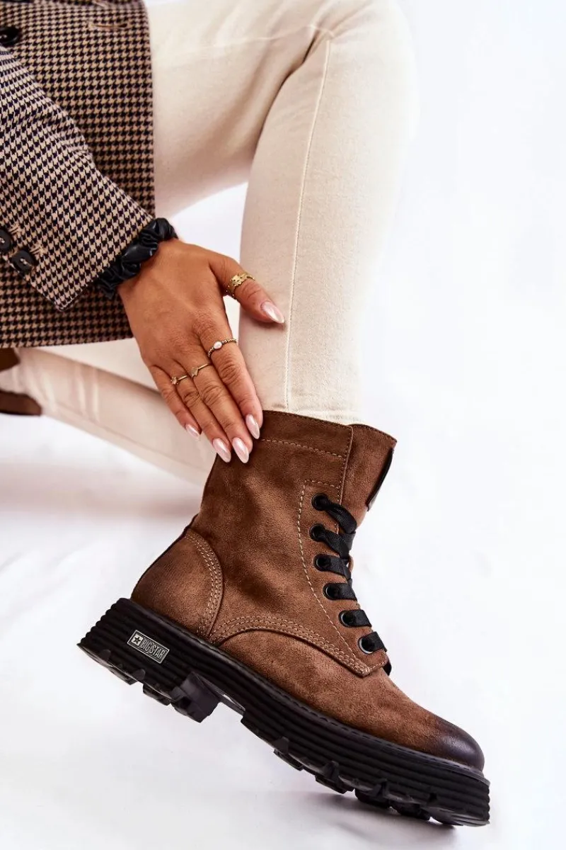 Outlet Damskie Zamszowe Botki Big Star KK274504 Brązowe Damskie Damskie Trapery|Botki Sznurowane