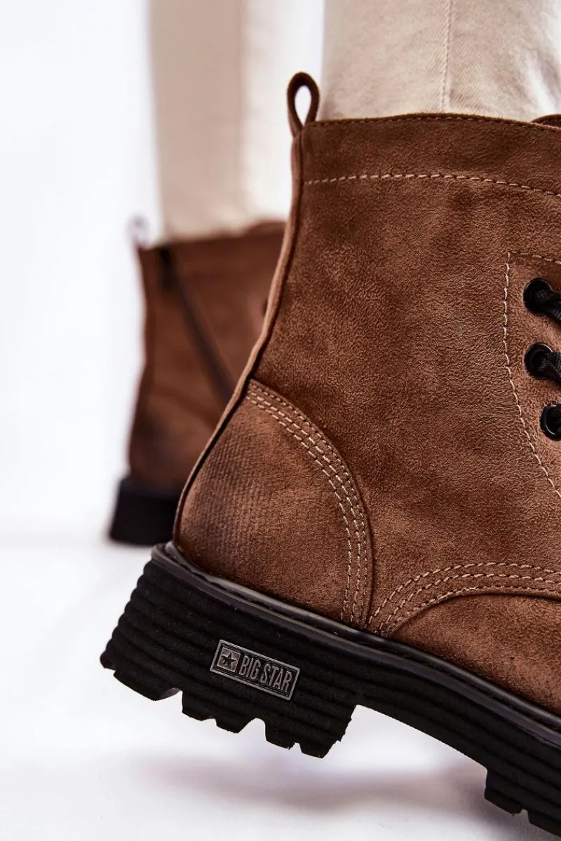 Outlet Damskie Zamszowe Botki Big Star KK274504 Brązowe Damskie Damskie Trapery|Botki Sznurowane