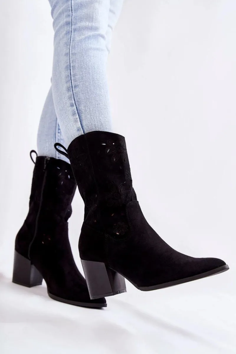 Discount Damskie Zamszowe Botki Kowbojki W Kwiaty Czarne Ariane Damskie Botki Wiosenne|Botki Na Słupku