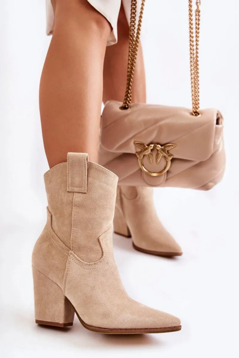 Sale Damskie Zamszowe Botki Kowbojki Beżowe Mindy Damskie Botki Wiosenne|Brązowe I Beżowe Botki